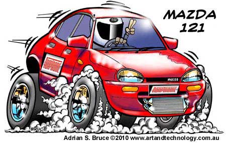 Hot Adaptronic Turbocharged Mazda 121 Caricature